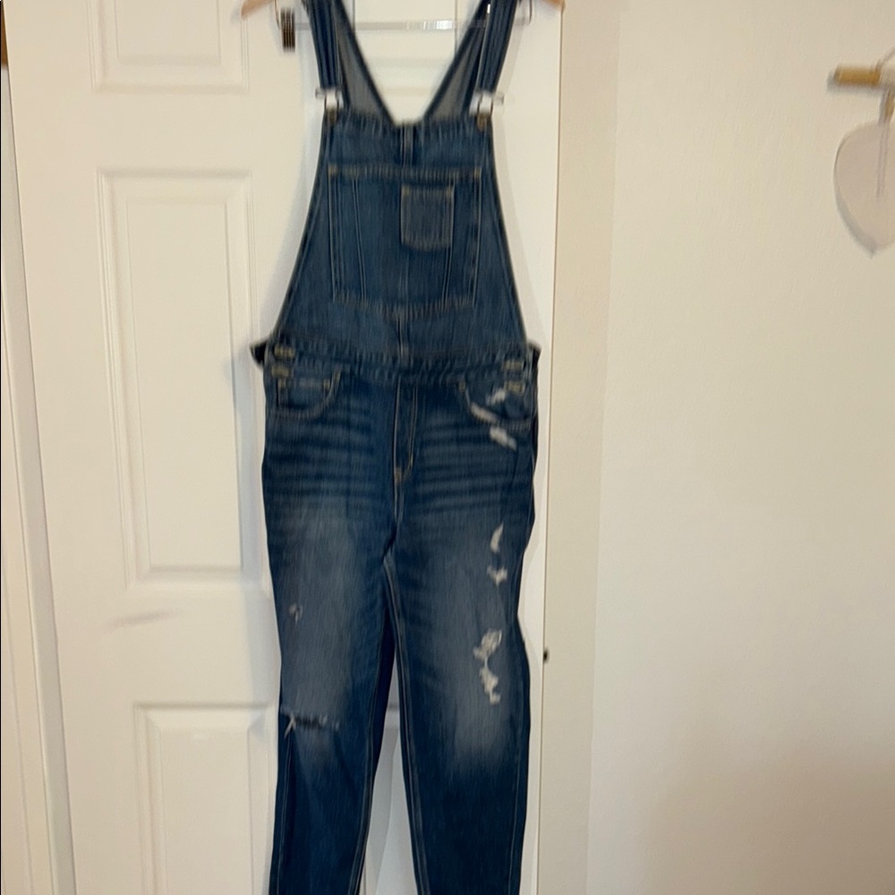 Hollister Dark Blue Distressed Denim Overalls Jumpsuit